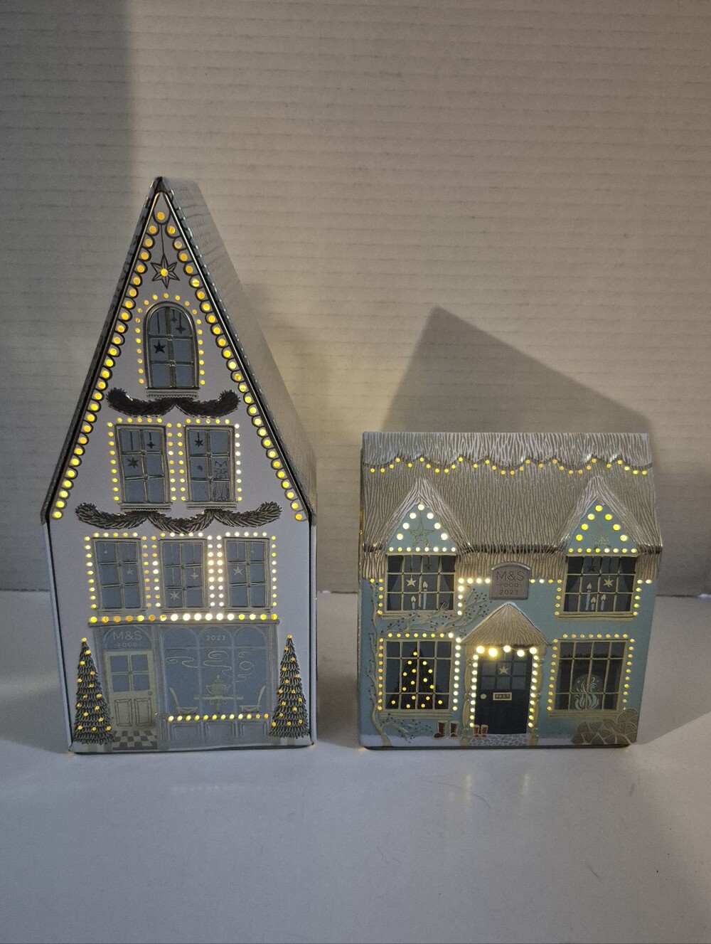 Marks & Spencer Light-Up Decorative House Tea Tins Pale Blue and Gold Lot of Two